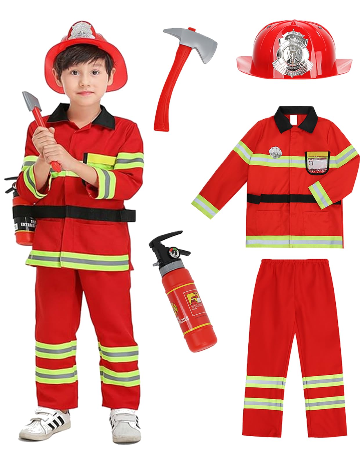 yolsun Fireman Costume for Kids, Boys' and Girls' Firefighter Dress up, Fire Fighter with Toy Accessories Set Halloween Role Play(Red,6-7 Years)