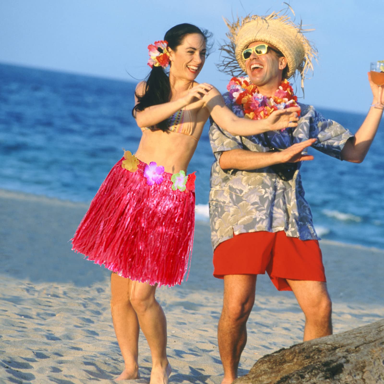 40STK Hawaii Rock Hula Party Bastrock Set mit 8 Elastisches Blumen Rock Hawaii Kostüm,8 Blumenkette,8 Stirnbändern und 16 Armbändern,Hawaii Party Kostüm Set für Sommer-Strandparty-Dekorationen