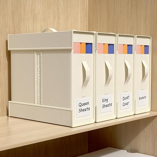 Miaocona Paquete de 4 organizadores de sábanas de tamaño L, caja de almacenamiento plegable de sábanas con cartón de ayuda plegable, organizador de