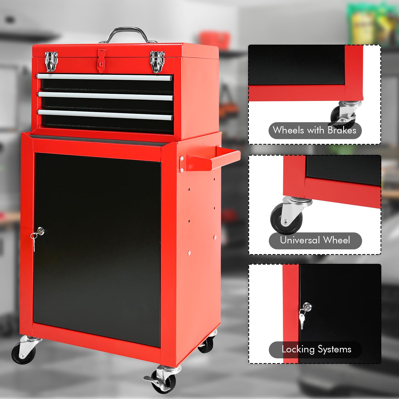 Qiaoxuan Rolling Tool Chest, 3-Drawer Tool Storage Cabinet with Detachable Top Tool Box Organizer, Liner, Universal Lockable Wheels, Metal Tool Cart for Garage Warehouse Workshop (Red)