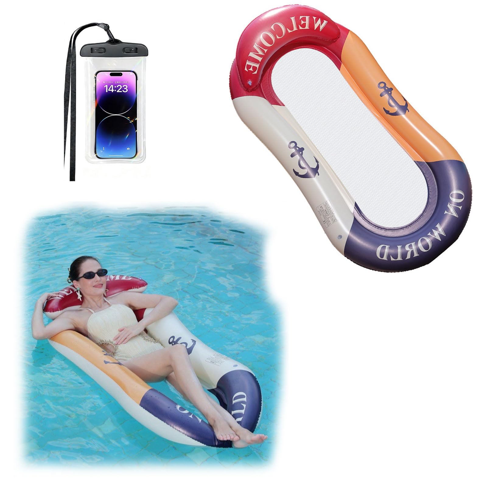 Heucadup pool inflatables, pool lounger with waterproof phone pouch, floats for swimming pools with Headrest, inflatables for swimming pools for sunbathing and relaxing by the pool (Mediterranean)