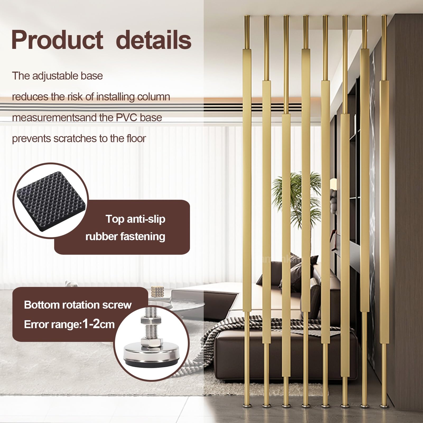 Biombo Separador de ambientes Gold Paravent | Panel divisorio Independiente para Pasillo de Entrada y Escalera | Mampara de privacidad de 5/8 Piezas con Listones metálicos(5pcs-A,120cm/47in/3.9ft)