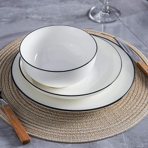 Miniatura 7 de YOLIFE Juego de 6 platos de porcelana de 10 pulgadas, platos redondos blancos con bordes negros