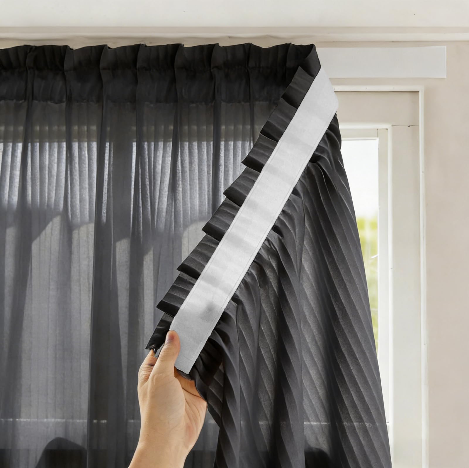 Sheer Curtains with Modern Vertical Stripes, Light Filtering Curtains for Privacy &amp; Decoration, Easy Install No-Drill Adhesive Backing for Bedroom Living Room-Black(W 27*L 25in-1-Panel)