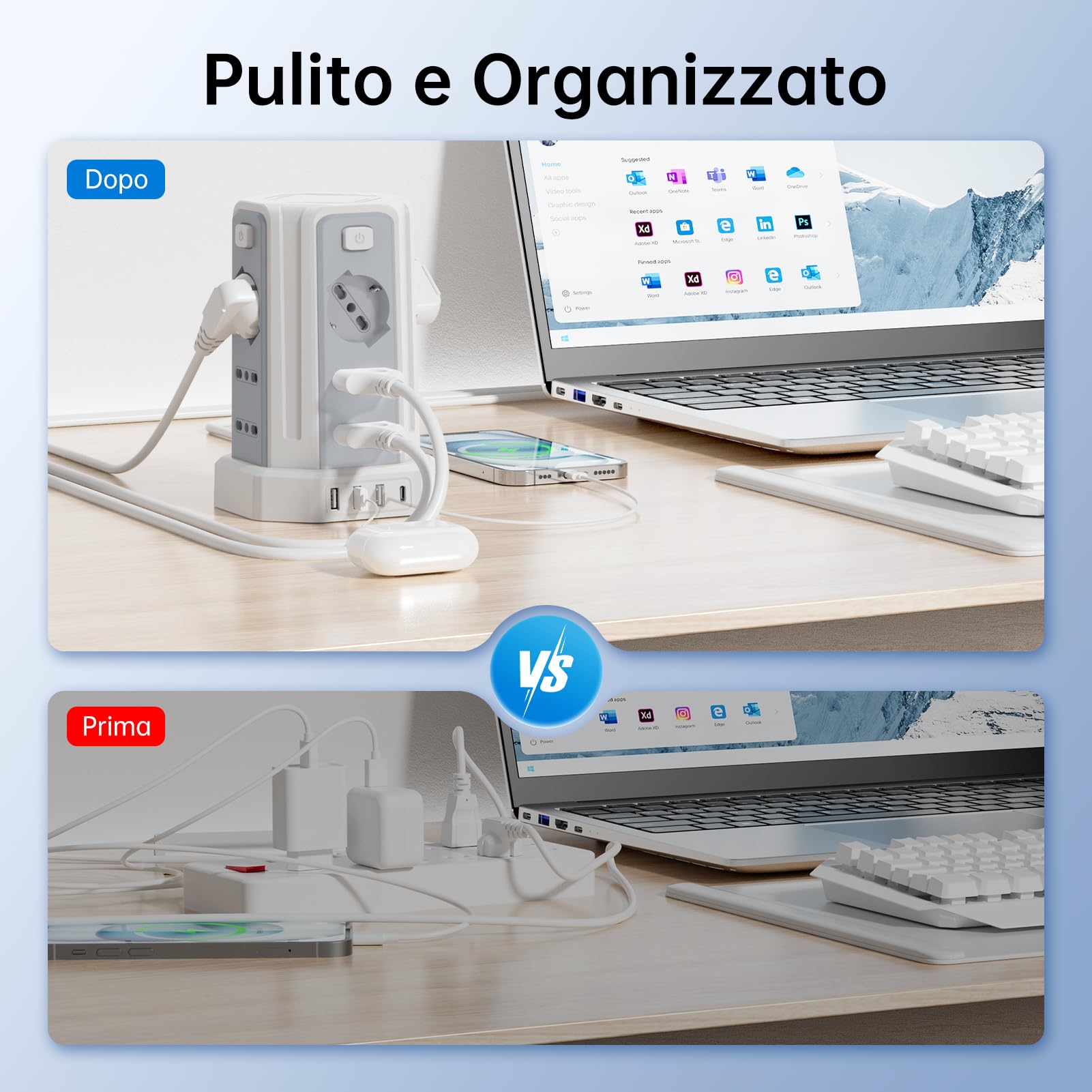 Regleta eléctrica de 2 Metros con 12 Tomas universales 10/16 A ITA y Schuko y 3 USB A+1 USB C protección sobretensión con 4 interruptores Independientes, Blanco