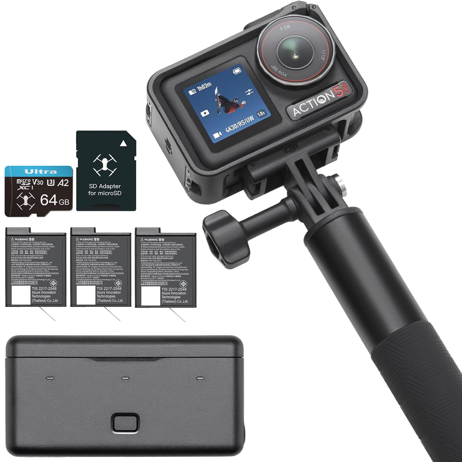 DJIOsmo Action 5 Pro Adventure Combo, with 64GB microSDXC Card - Waterproof Action Camera with 1/1.3" Sensor, 4K/120fps Video, Action Camera 4K Ideal for Sports, Vlog