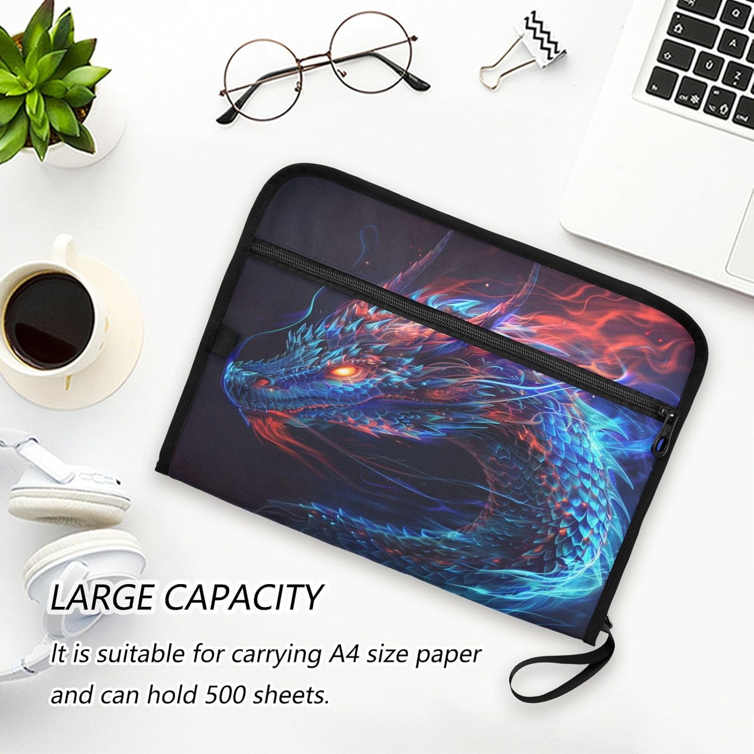 Magic Blue and Red Dragon Expanding File Folder, 13 Pockets Accordion File Organizer with Sticky Labels Zipper Portable A4 Document Organizer for Home Office School Supplies