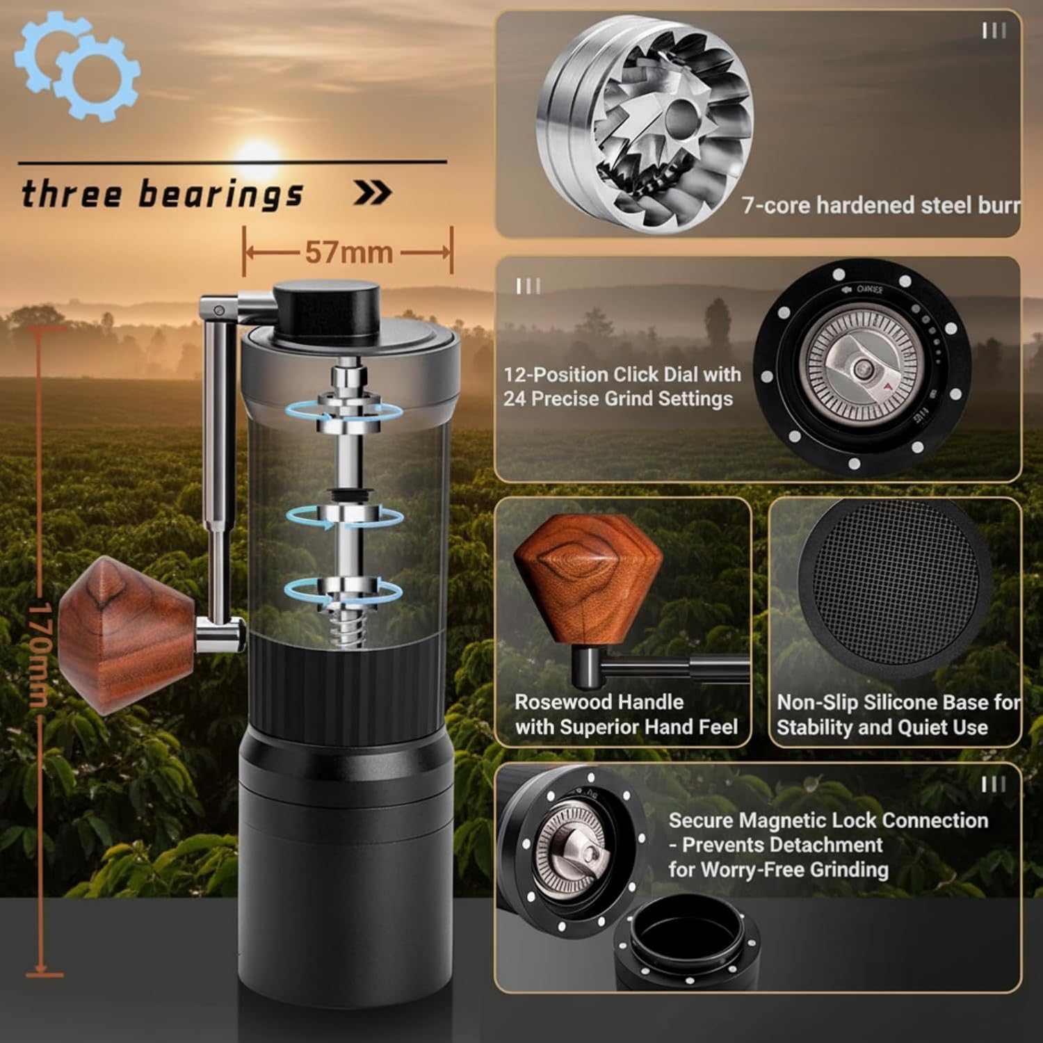 Manual Coffee Grinder, Aluminum Alloy Body & Stainless Steel Core, Hand Coffee Grinder with Foldable Handle, Adjustable Grind for Travel/Camping/Home (Silver)