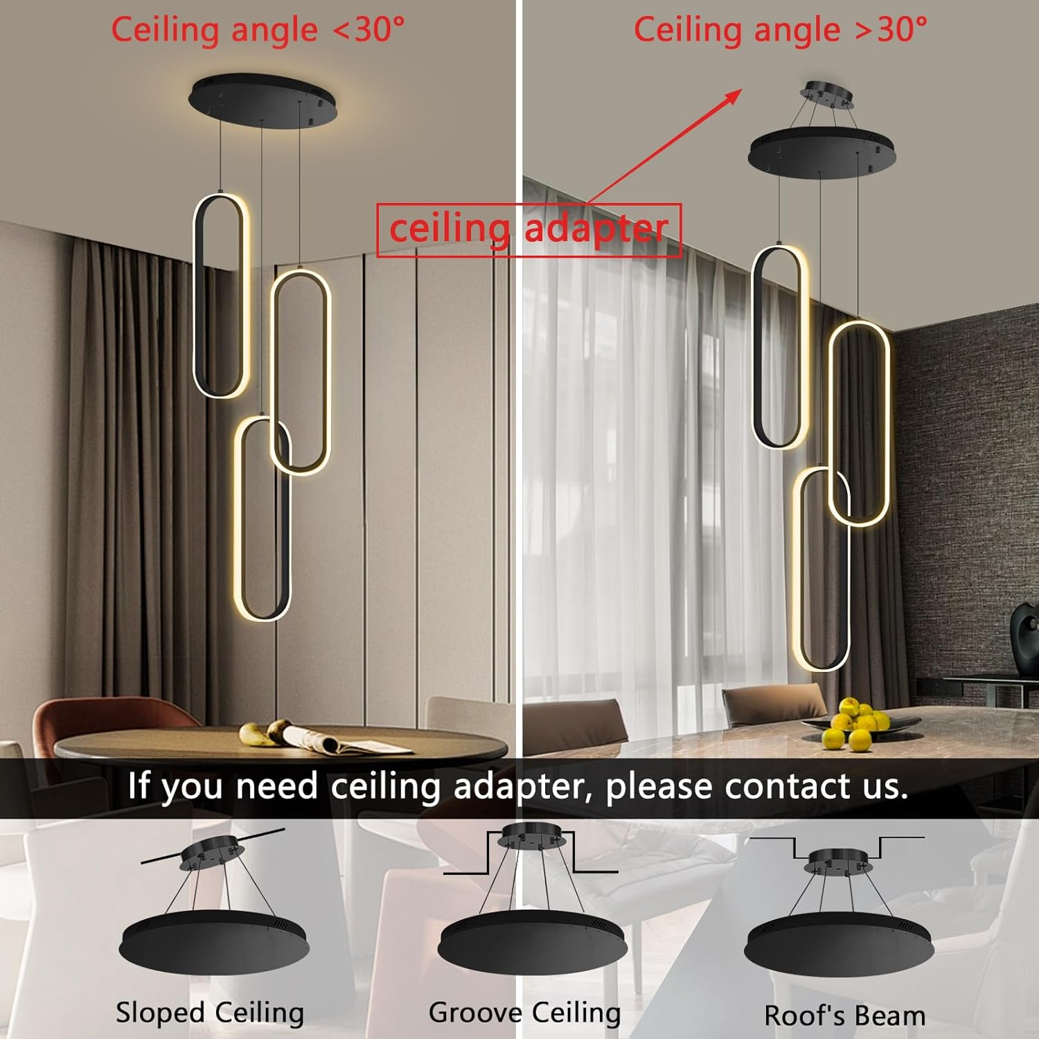 3 Rings 59‘’ Modern Chandelier Glam Chandelier LED Dimmable for Living Room Kitchen Island Dining Room Ceiling Chandeliers Black