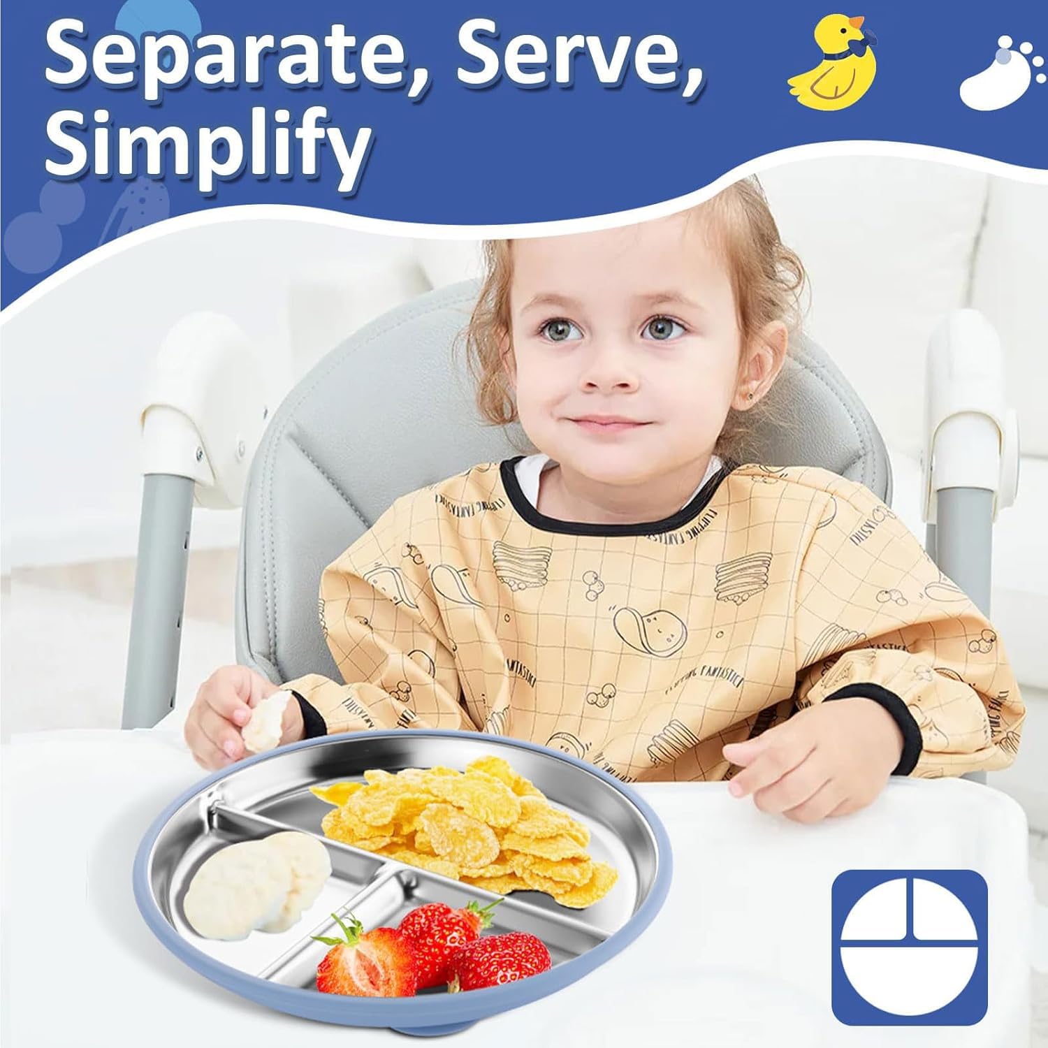 Set da 2 Piatti in Acciaio Inossidabile con Ventosa per Neonati e Set da 1 Cucchiai e Forchette, Bambini Pappa Svezzamento Piatto, Piatti Divisi per Alimentazione Autonoma, Senza BPA