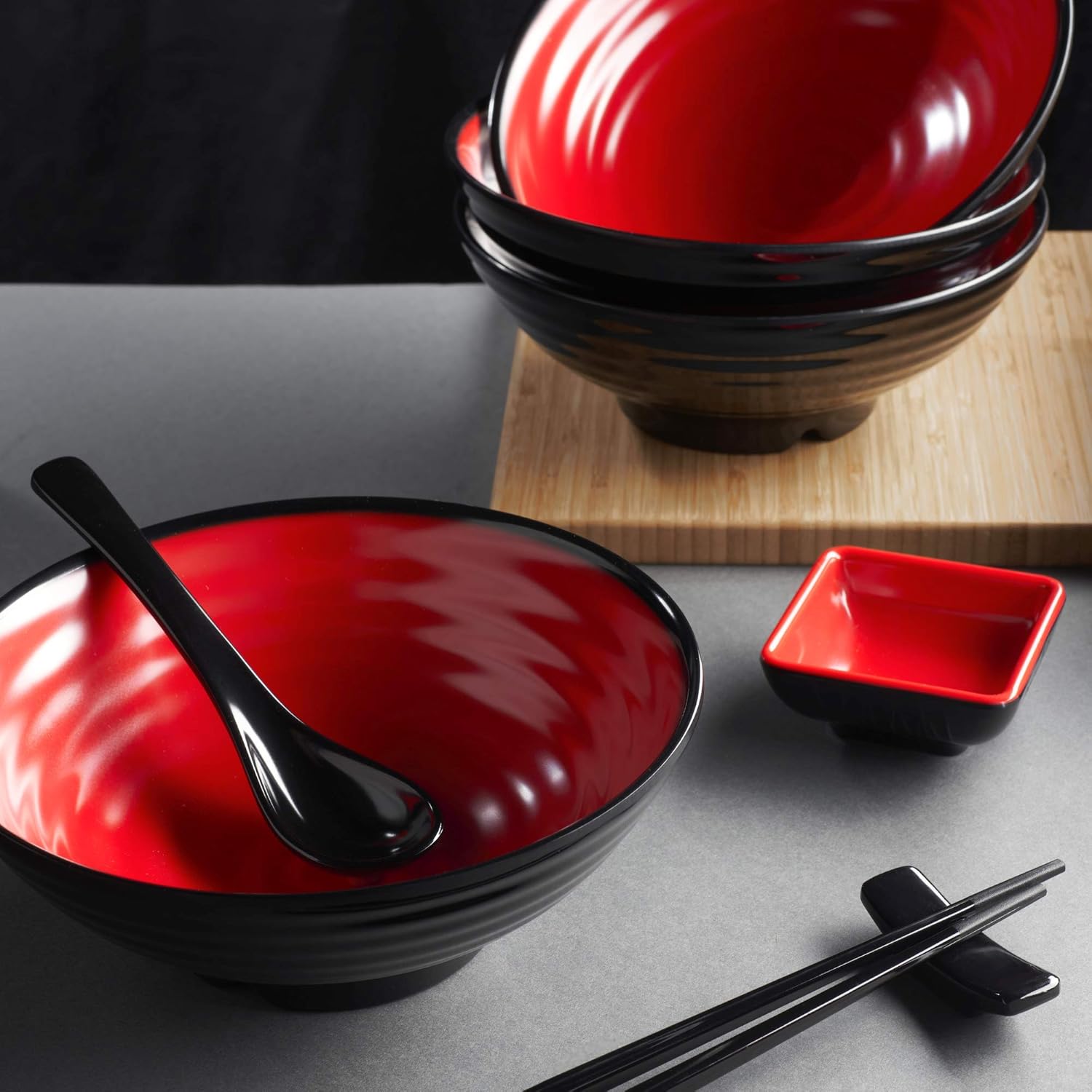 Unbreakable Ramen Bowl Set with Chopsticks and Spoon: 2 large Japanese Style Melamine Ramen Bowls, Dipping Bowls and Chopstick Stands for Asian Pho Soup Thai Miso Udon Wonton (2 Bowl Set, Red-Black) - Image 6