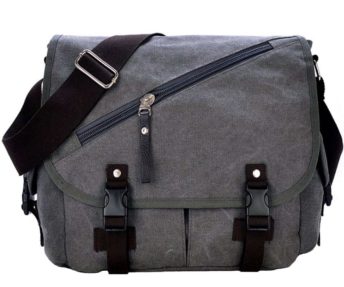 Rullar Canvas Messenger Bag Vintage Shoulder Laptop School Travel Military Crossbody Hiking Bag Tote Satchel Briefcase for Men and Women Grey