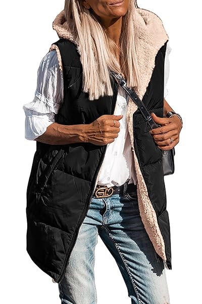PRETTYGARDEN Womens 2025 Fall Reversible Long Vests Sleeveless Fleece Jacket Zip Up Hoodie Pockets Warm Coat Winter Clothing