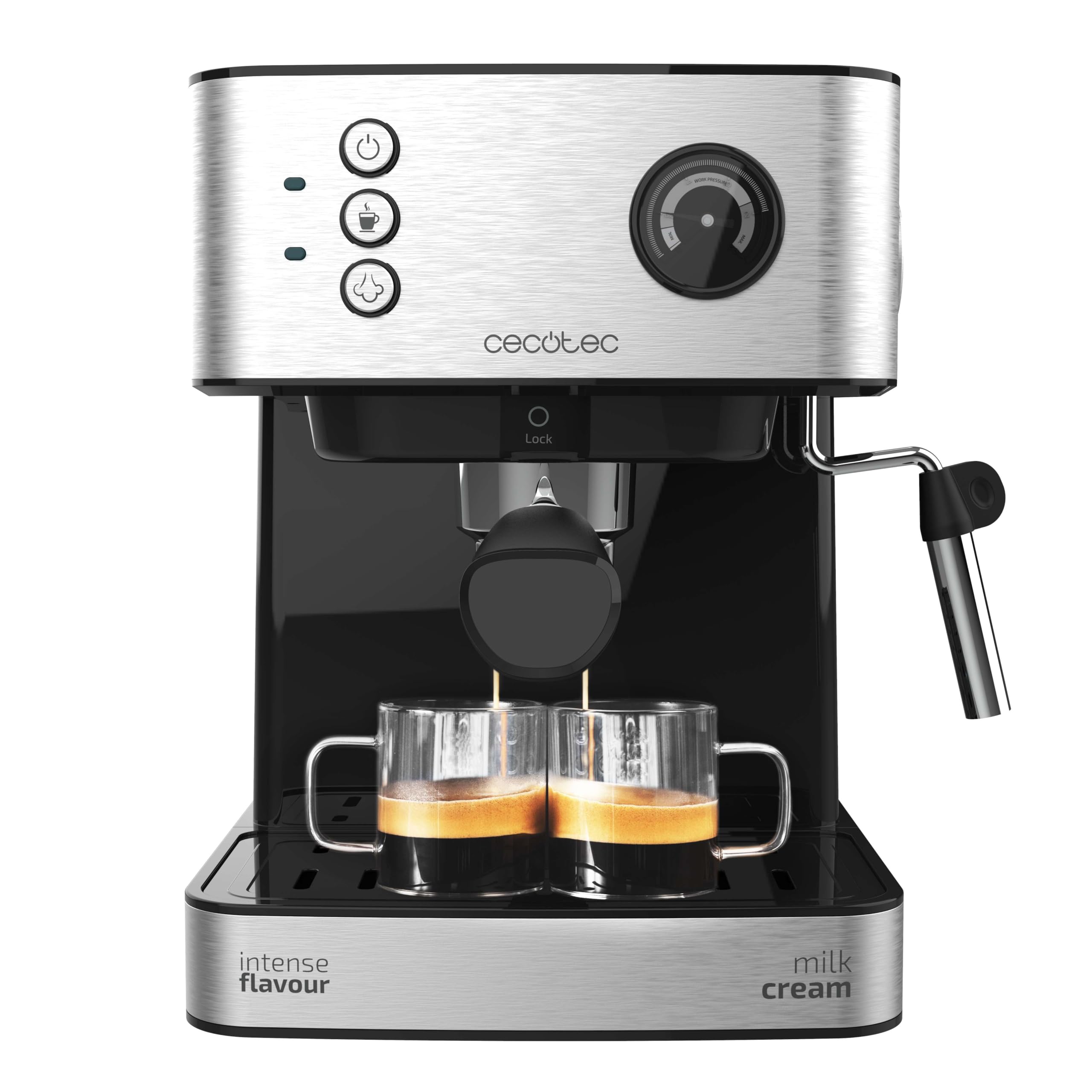 Cecotec Espresso 20 Professionale Express Coffee Maker, 850 W, 20 Bars, Pressure Gauge, 1.6L Reservoir, Double Output Arm, Steamer, Cup Warmer, Stainless Steel Finish