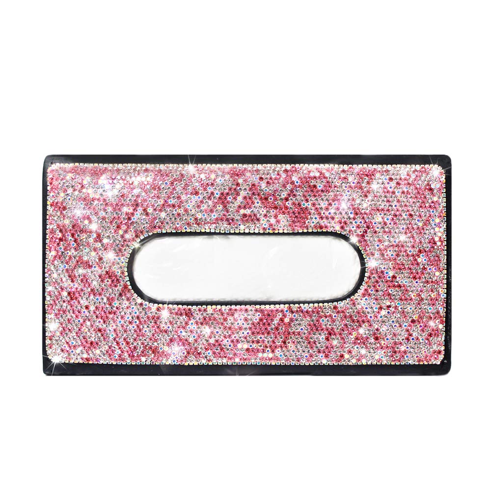 idain Sparkling Rhinstone PU Leather Napkin Holder Paper Case Hanging Backseat Tissue Holder Bling Bling Car Sun Visor Tissue Box Holder (Pink)