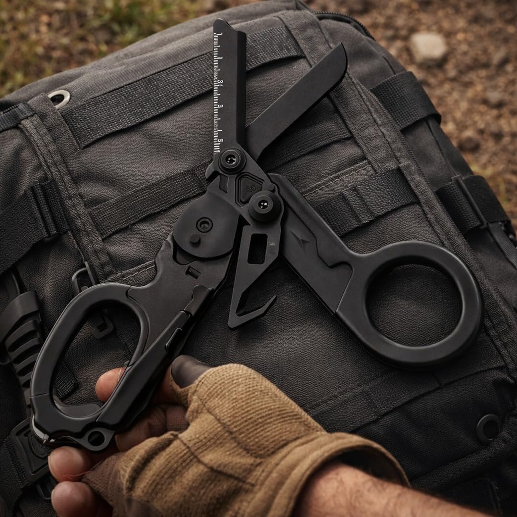 Trauma Shears Tactical 6 In1 Scissors,Heavy Duty Stainless Steel Foldable Outdoor Camping Rescue Scissors, with Glass Breaker, Strap Cutter with Holster Mini Wrench & Cover