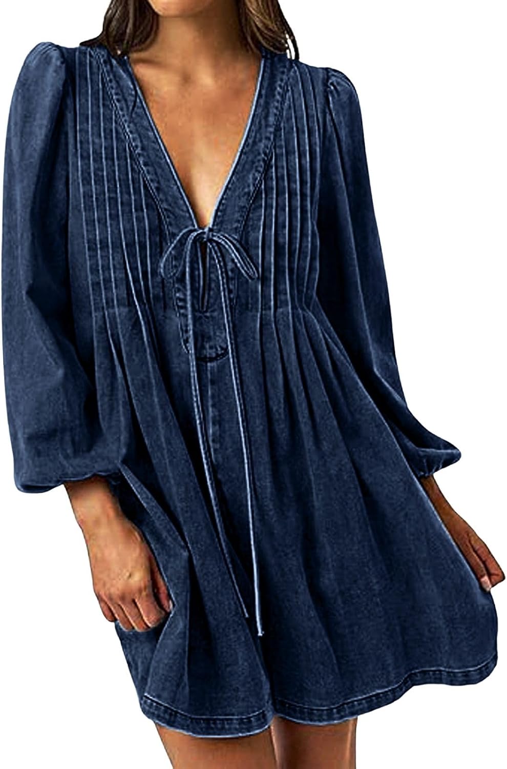 loveimgs Women Denim Jean Romper Overall Shorts Tie Front Pleated Romper Dress Deep V Neck Puff Sleeve Jumpsuit