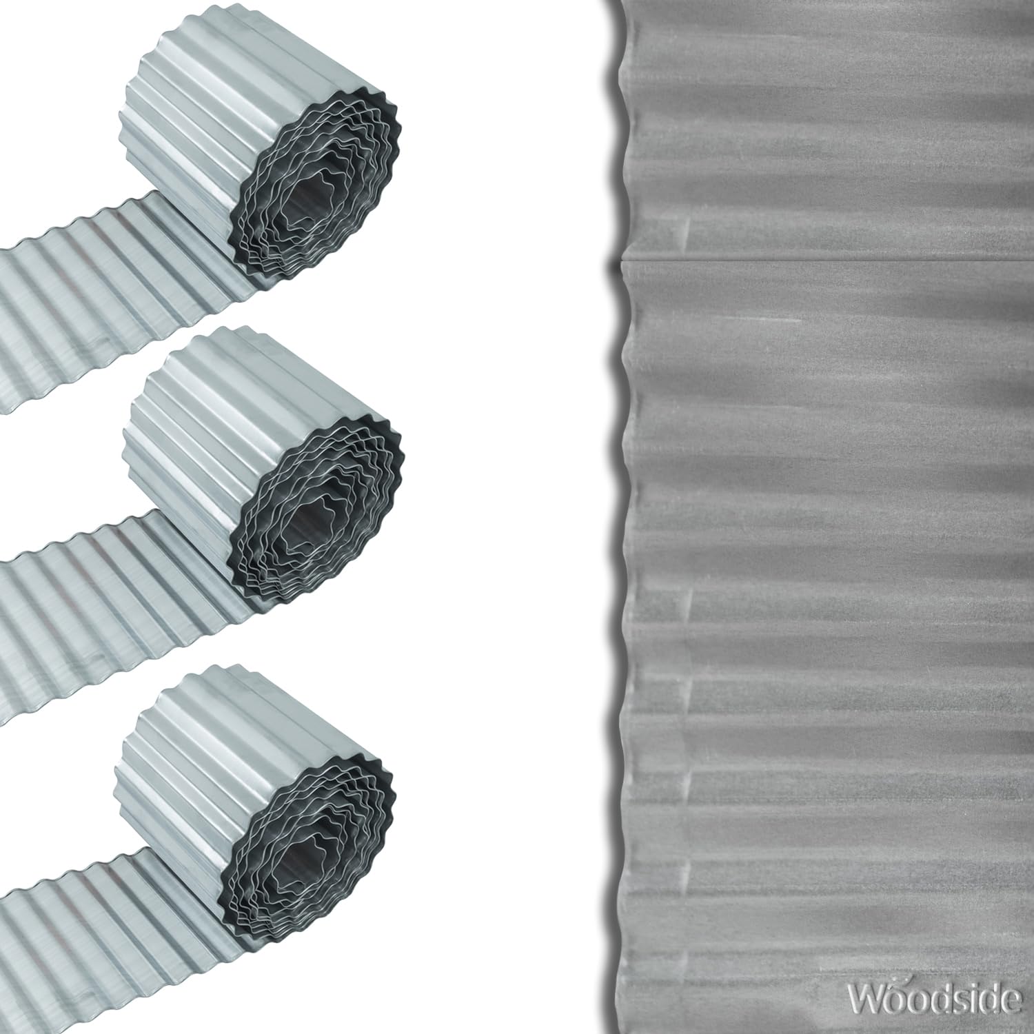 Woodside Galvanised Corrugated Steel Lawn/Path Border Edging Flexible Fence Roll - Pack of 3 15m Total Length