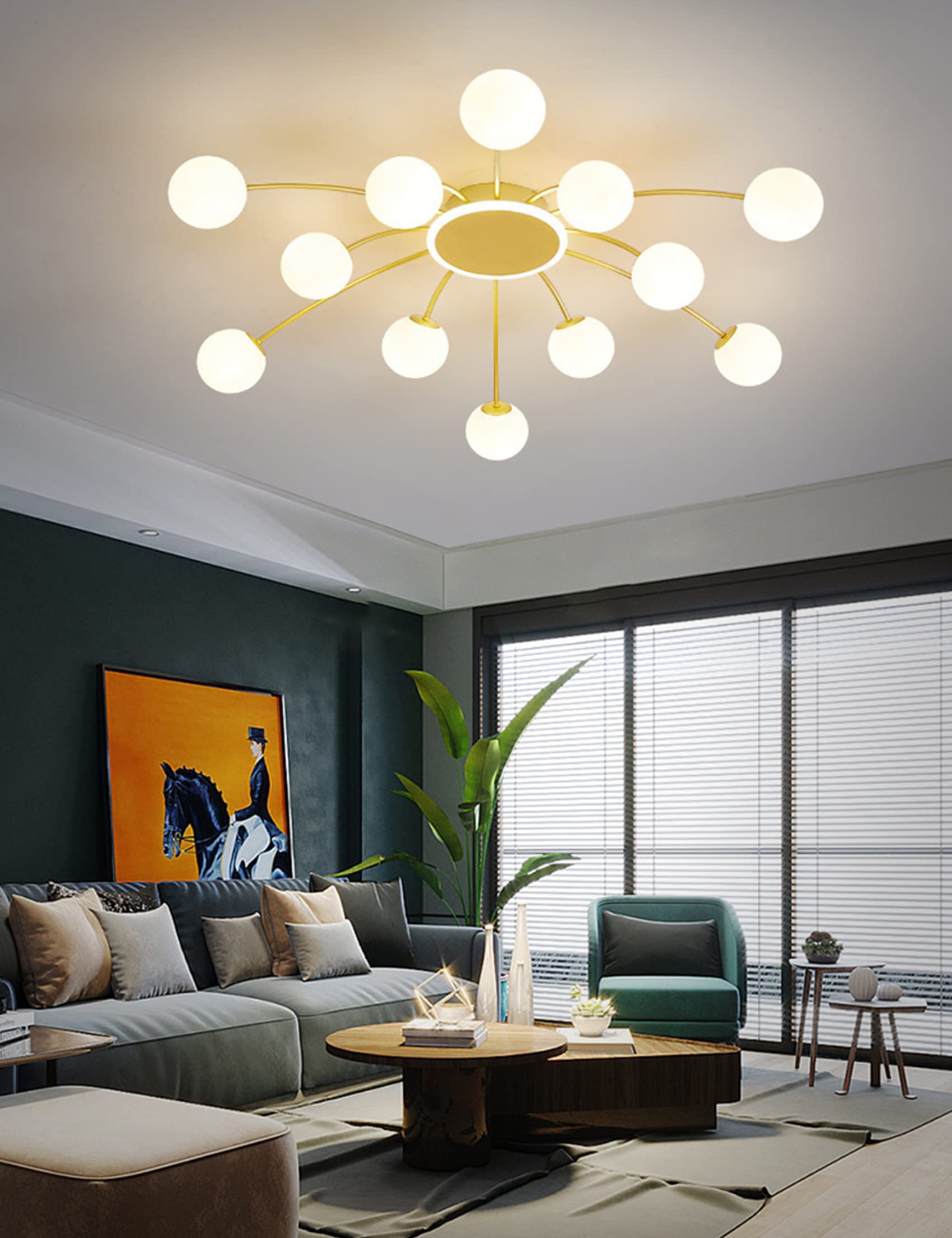 Lampadario Sputnik, Lampada da Soffitto Sputnik, Lampadario a Sospensione Oro 12 Luci, Lampada a Sospensione Moderno con Paralume Sfera in Vetro Bianco per Soggiorno Cameretta