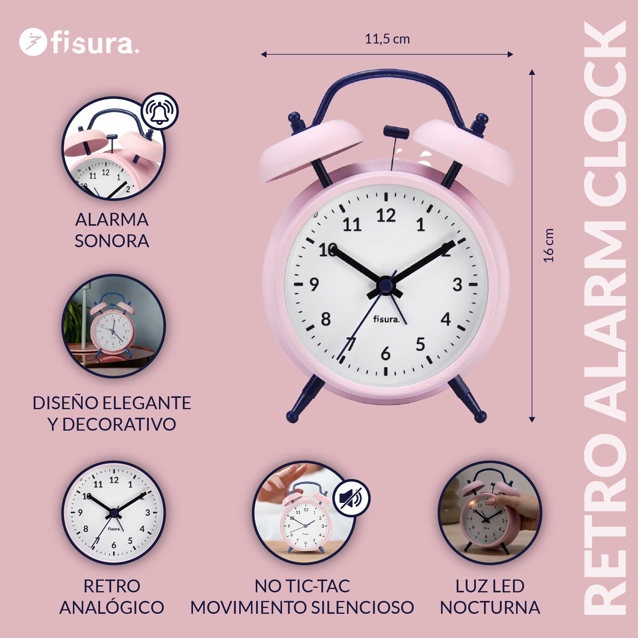 Fisura – Reloj Despertador analógico sin Tic-TAC. con luz de Led Nocturna. Metal y ABS. Medidas: 11,7 x 5,5 x 16. Esfera de 9 centímetros (Rosa)