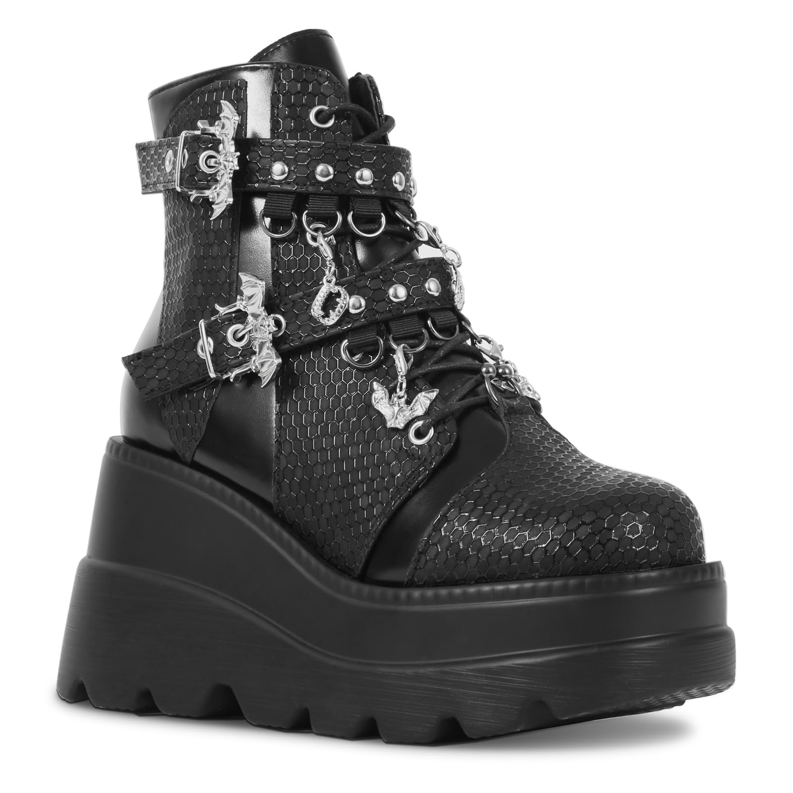 Goth Chunky Ankle Boots for Women - Bat Buckle DIY Platform Zip Round Toe Lace Up Combat Bootie