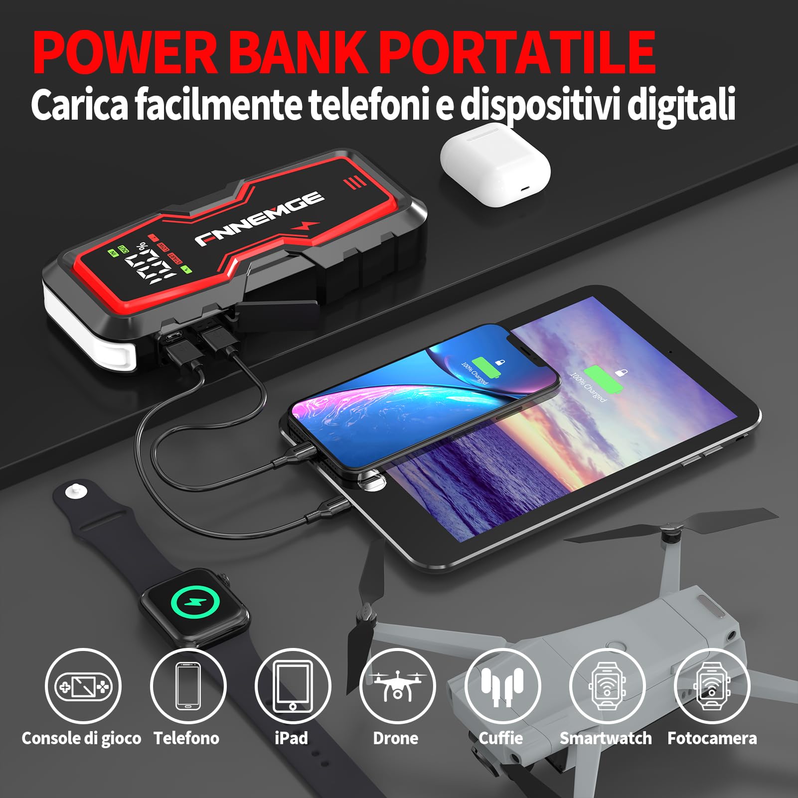 FNNEMGE Avviatore Batteria Auto, 9000A 26800mAh Avviatore Emergenza per Auto （Tutti i Veicoli a Benzina o 10,0L Diesel),Avviatore di emergenza, Jump Starter, con di Uscita USB, Luce LED.