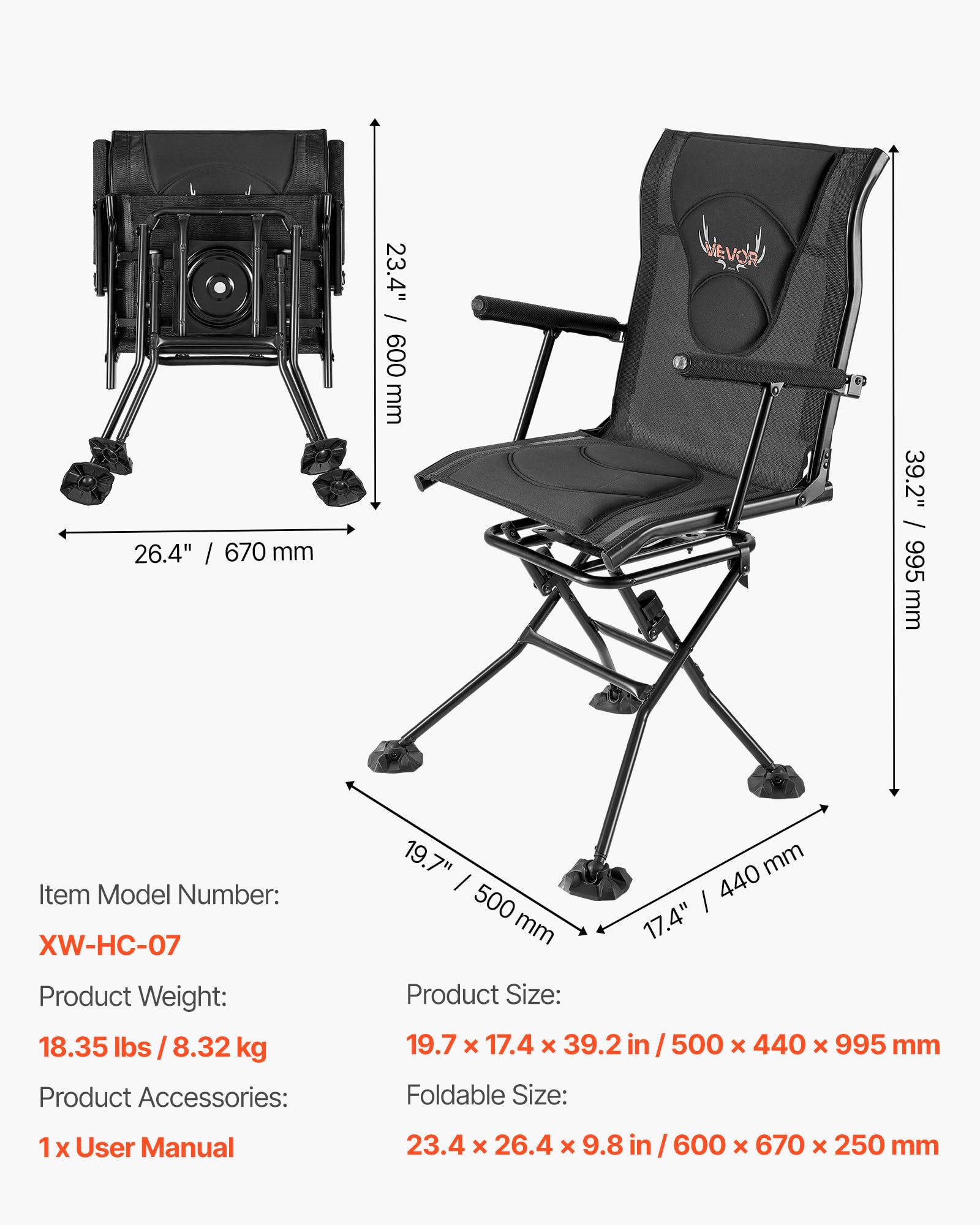 VEVOR Silla de Caza Giratoria Silenciosa de 360°, Plegable y Portátil, con Estructura de Acero Resistente, Reposabrazos, Correa de Transporte Ajustable, Patas Antihundimiento, 500 x 440 x 995 mm