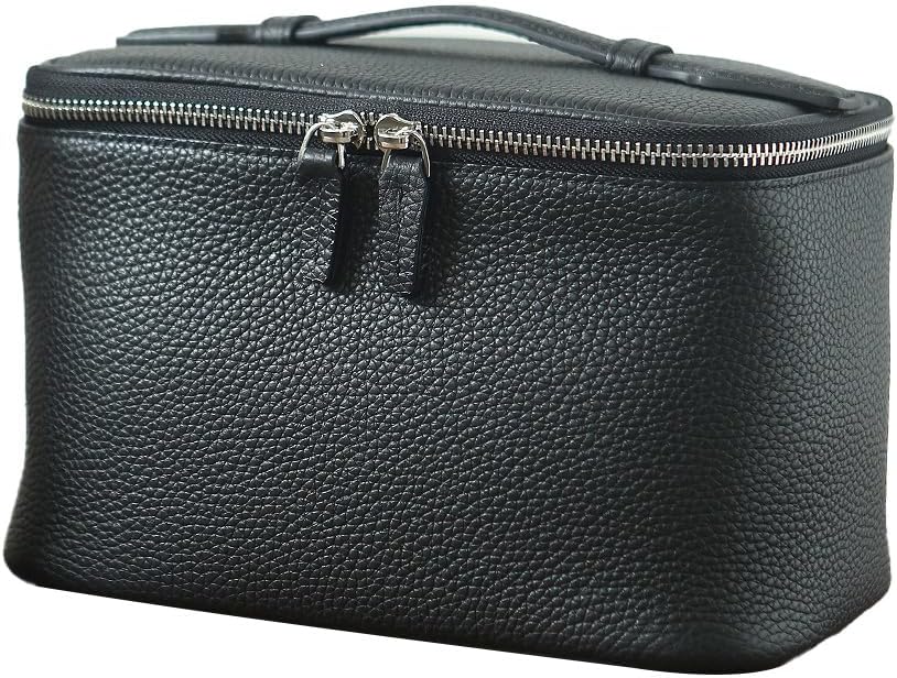 Genuine cowhide leather women's makeup bag, large capacity with mirror, jewelry storage box, multi-functional and portable Cosmetic Case (Black,crocodile pattern)