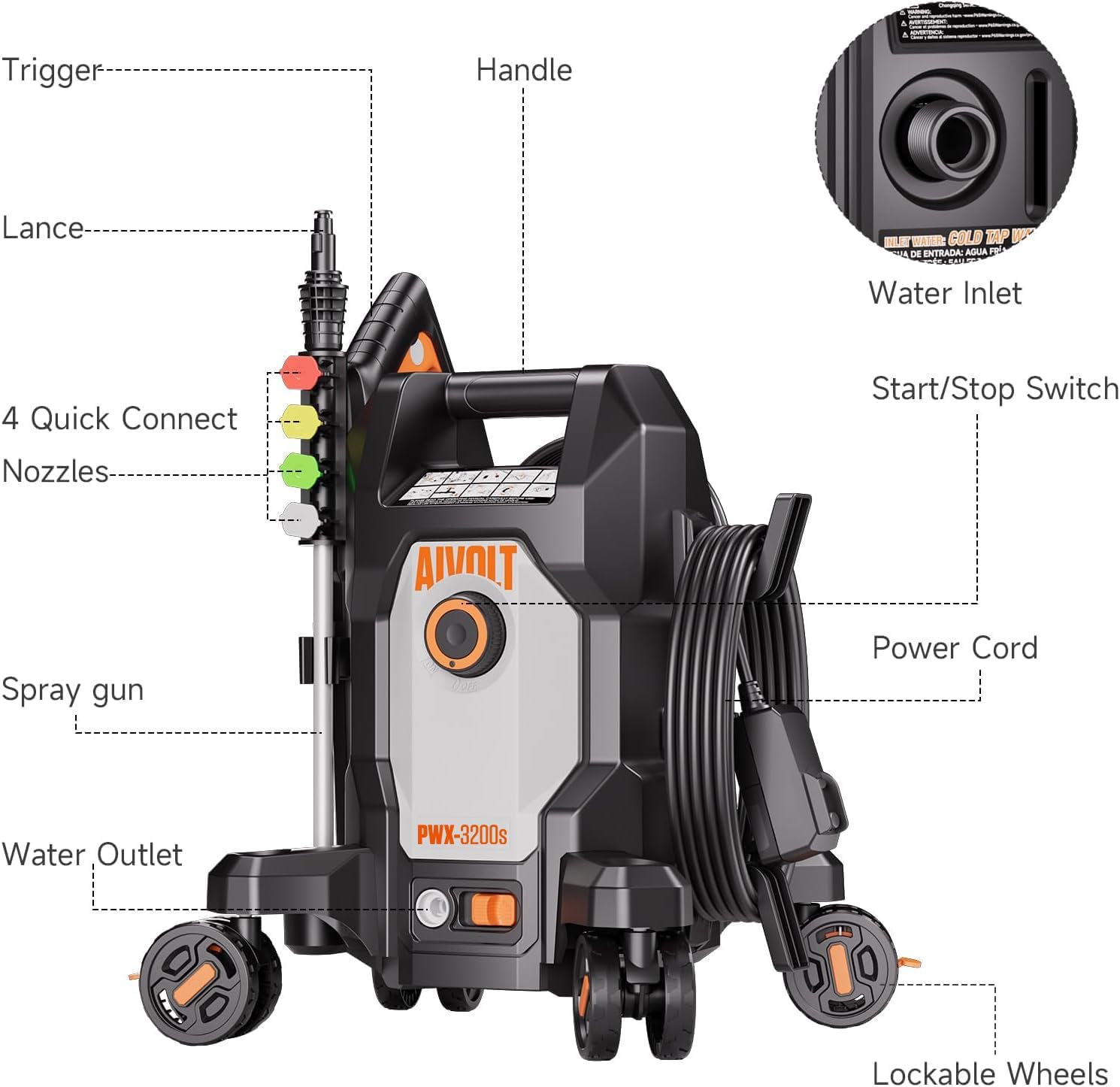 AIVOLT Pressure Washer, Power Washer with 4 Quick Connect Nozzles, High Pressure Cleaning Machine with Foam Cannon for Cars/Fences/Driveways/Patios/Home Cleaning - Image 7