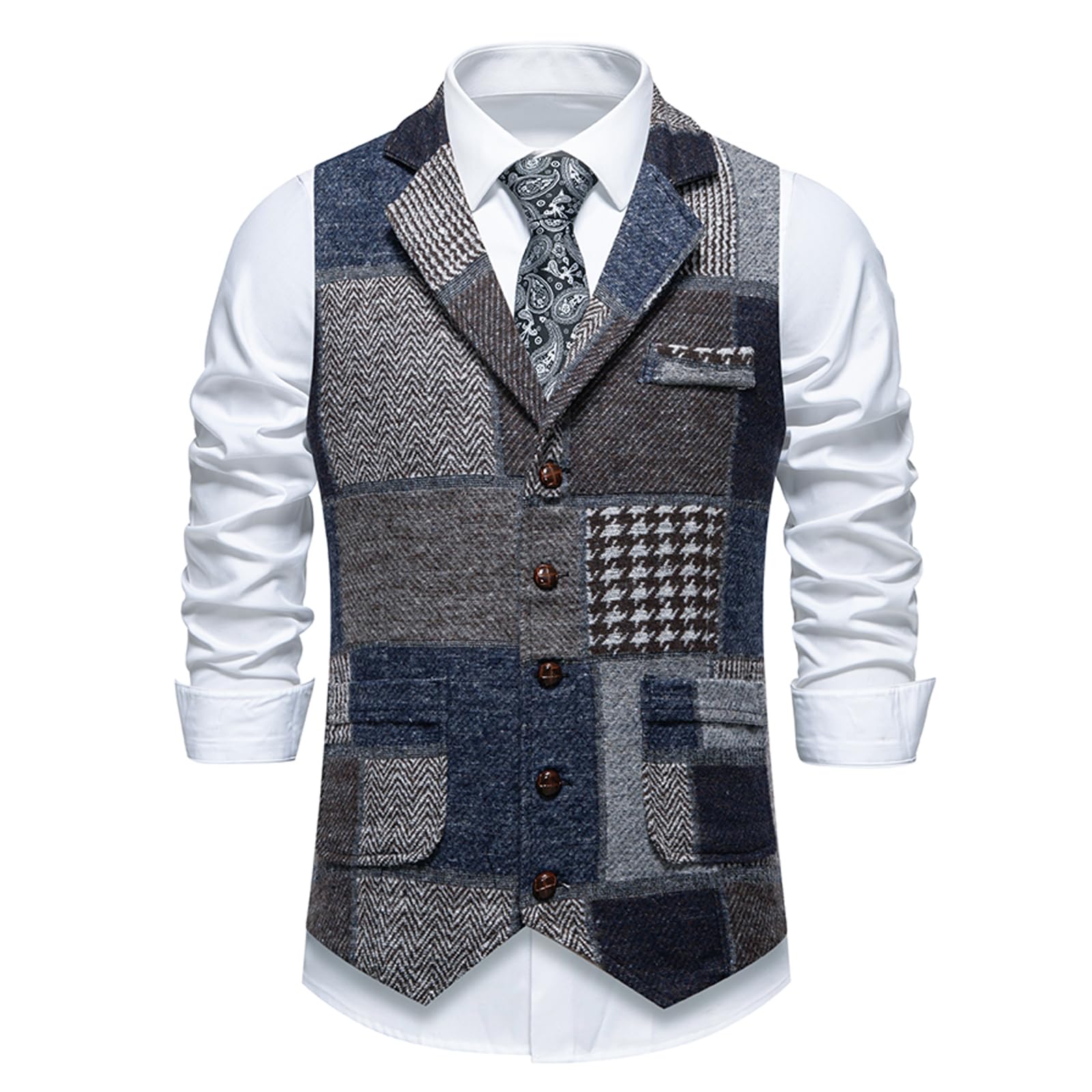 MakingDa Chaleco de traje para hombre, casual, vintage, patchwork, ajustado, cuello en V, con bolsillo