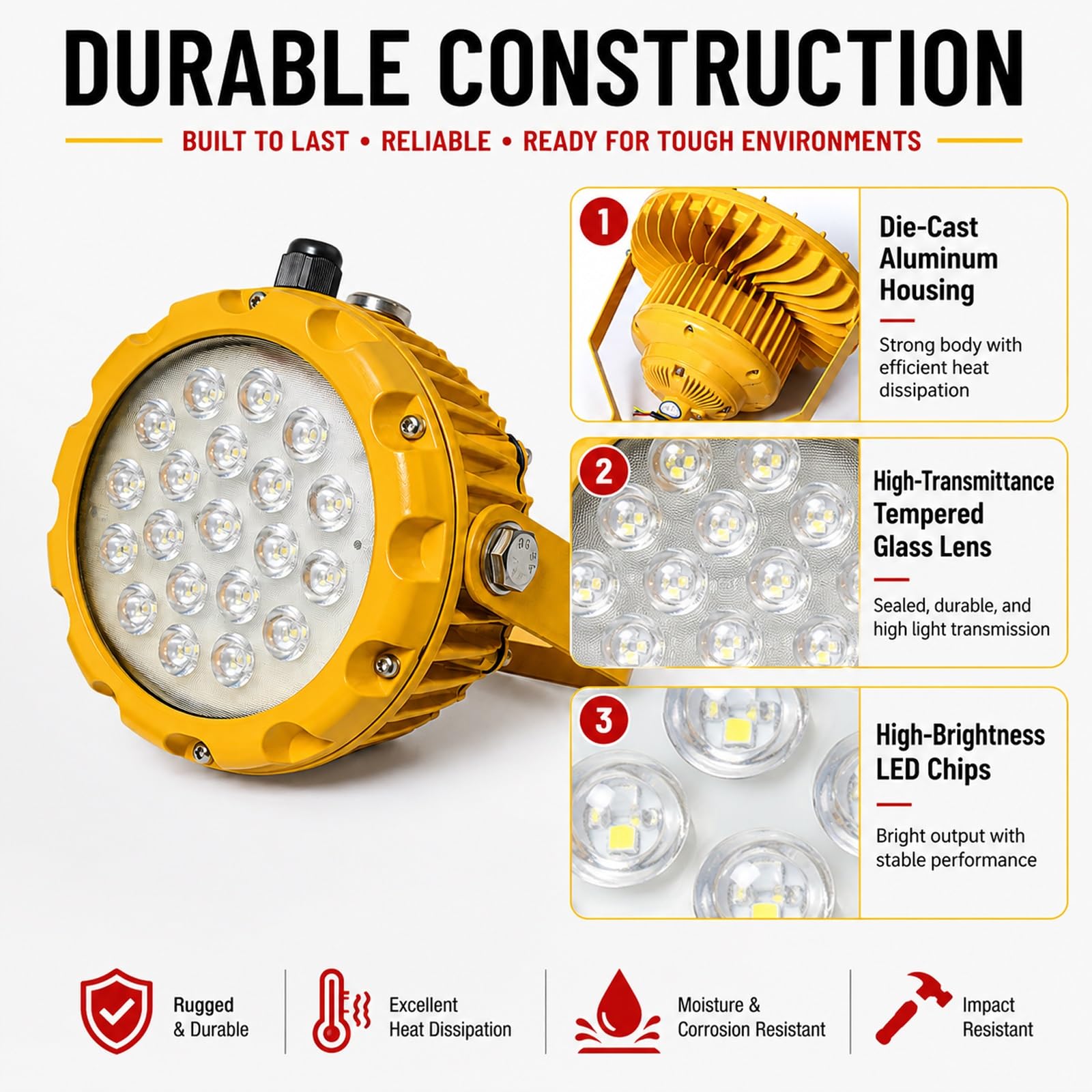 Faro Antideflagrante, Luci Di Sicurezza | Temperatura Colore Regolabile Da 2700K A 6500K, Angolo Del Fascio Luminoso Regolabile A 60°, 90° E 120°(100W)