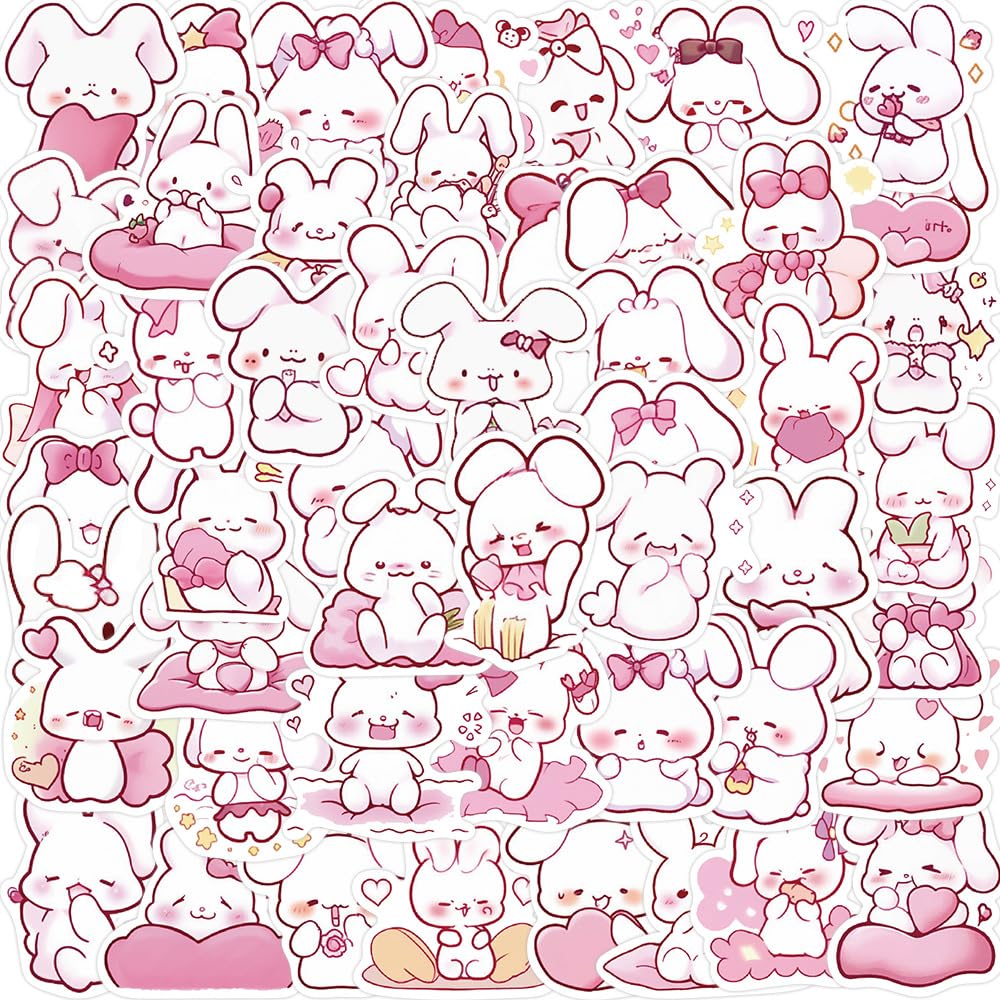 Cute Pink Rabbit Stickers for Women, 50Pcs Kawaii Animal Bunny Waterproof Vinyl Stickers for Water Bottles, Laptop, Scrapbook, Pink Rabbit Aesthetic