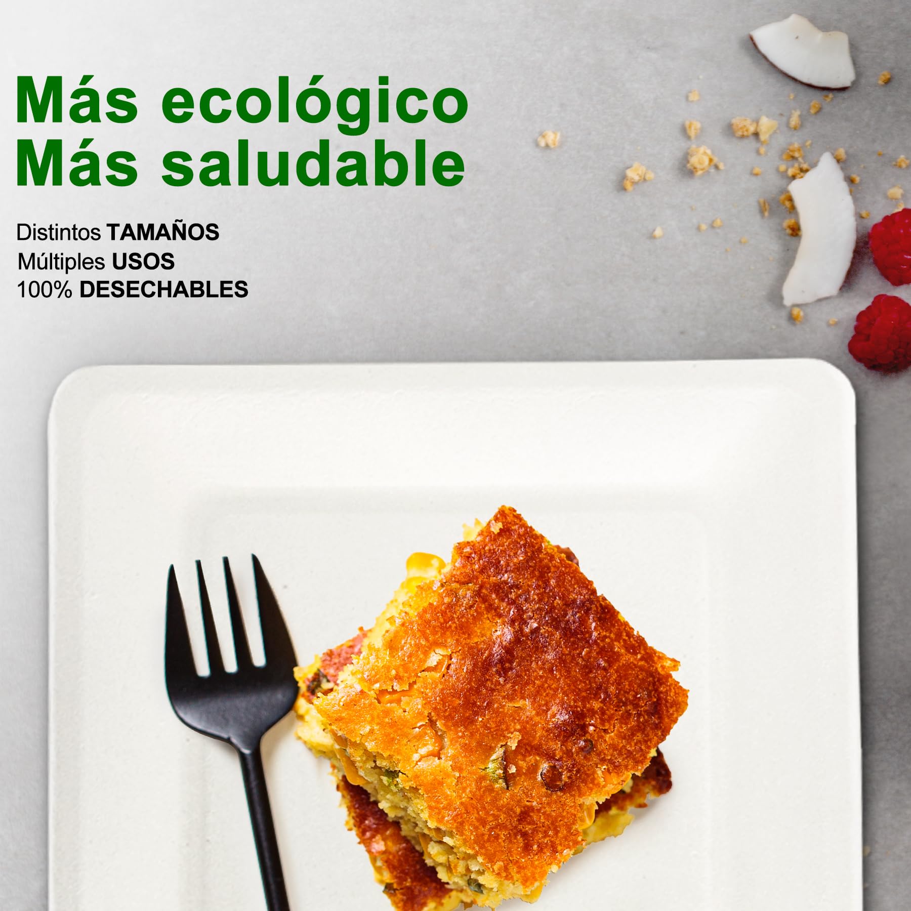 Pack 30, 50, 60, 100, 300 o 500 Platos Desechables Biodegradables, Hechos de Fibra de Caña de Azúcar, Natural, 100% Biodegradable, Cuadrados Originales, Comida, Barbacoa, Fiesta, Cumpleaños.