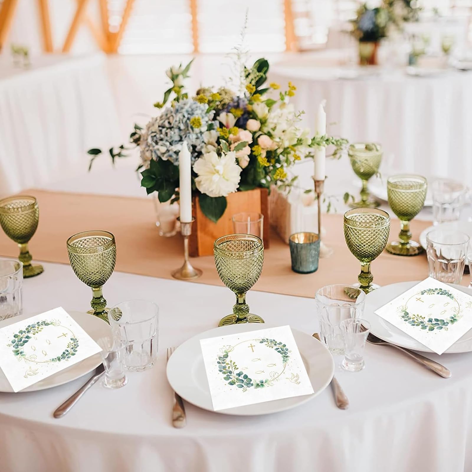 Lot De 80 Serviettes En Papier Jetables à 3 Couches Pour Communion, Baptême, Confirmation, Première Communion, Garçon Et Fille, Vert Et Doré, Motif : Poisson, Eucalyptus