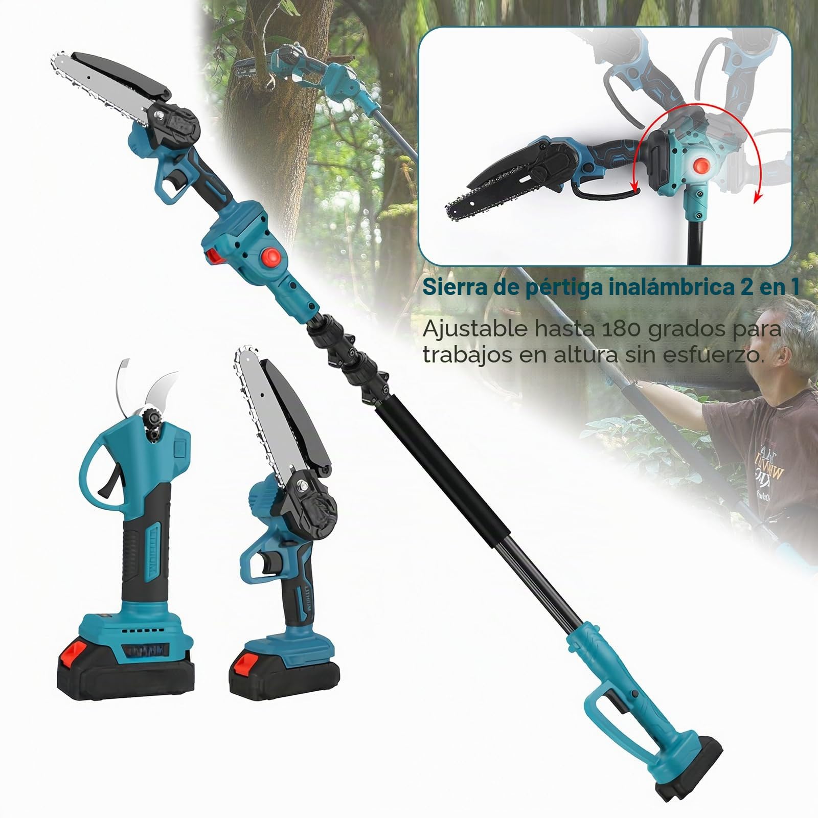 Kit 4-en-1 Tijeras de Podar y Motosierra Inalámbrica, Mini Motosierra Inalámbrica de 6" con 2 Baterías 4.0Ah y Cargador, Podadora de Altura Inalámbrica con Mango Telescópico & Sierra Eléctrica