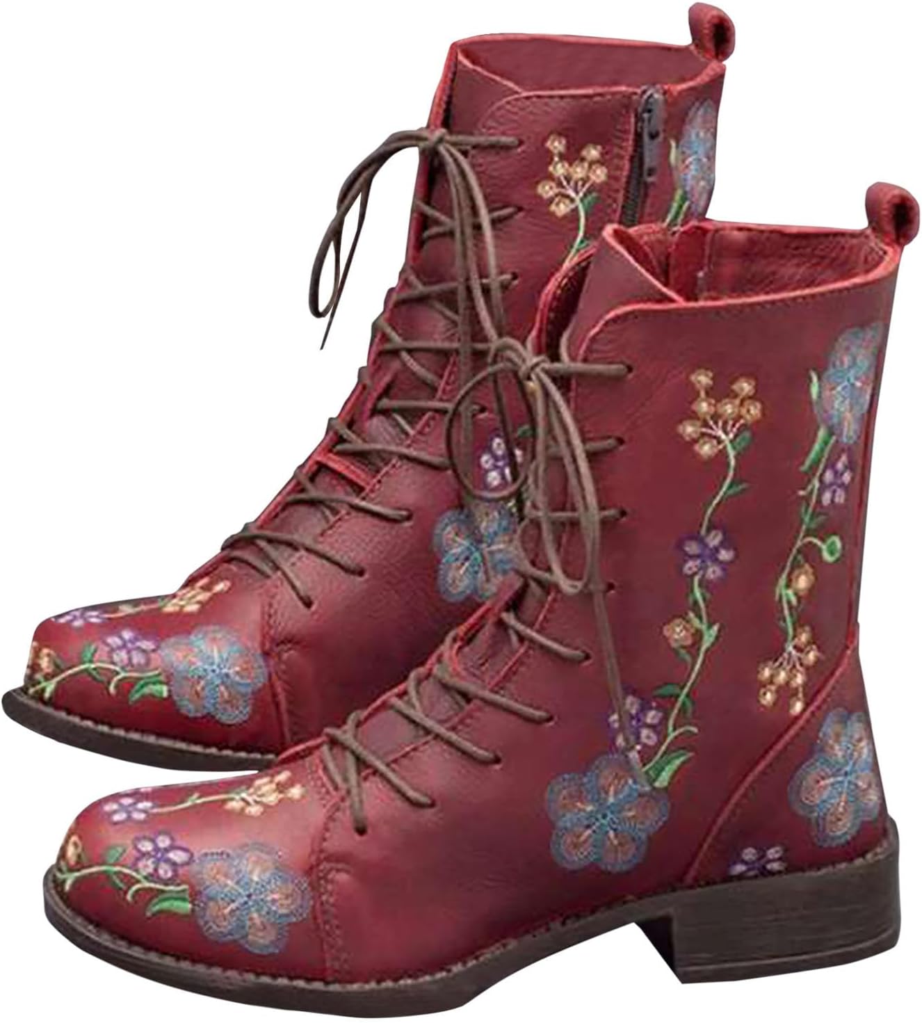Womens Floral Embroidered Boots Ankle Boots with Side Zipper Stylish Work Shoes Low Heel Western Vintage Booties