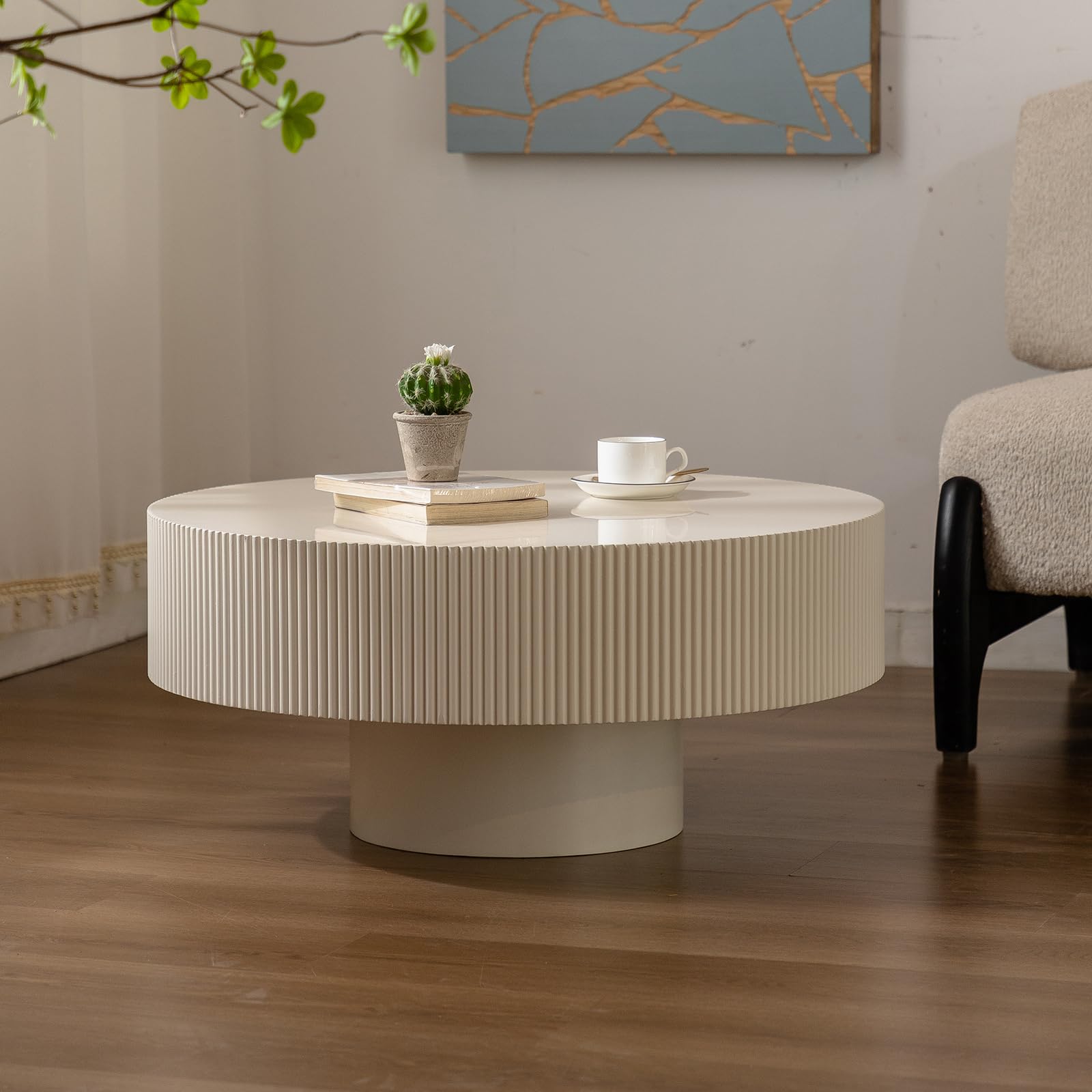 Stylish Drum Coffee Table Versatile Durable Chic Modern Fluted Low Cocktail Center Table with Stable Pedestal for Small Space