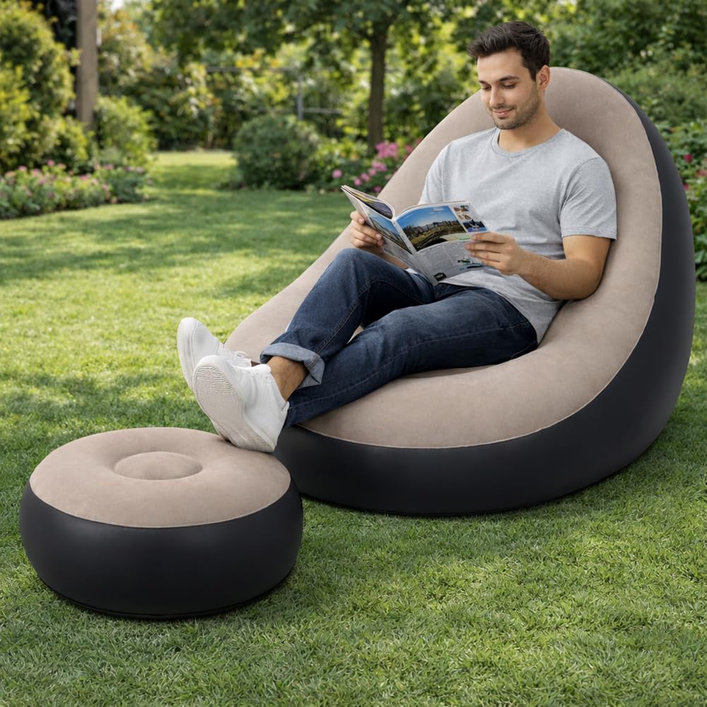 BAKAJI Poltrona con Pouf Gonfiabile per Interni ed Esterni con Doppia Texture, Divanetto Gonfiabile in PVC ed Effetto Velluto, Ottomano per Adulti e Bambini da Campeggio, Casa, Giardino, Mare (Grigio)