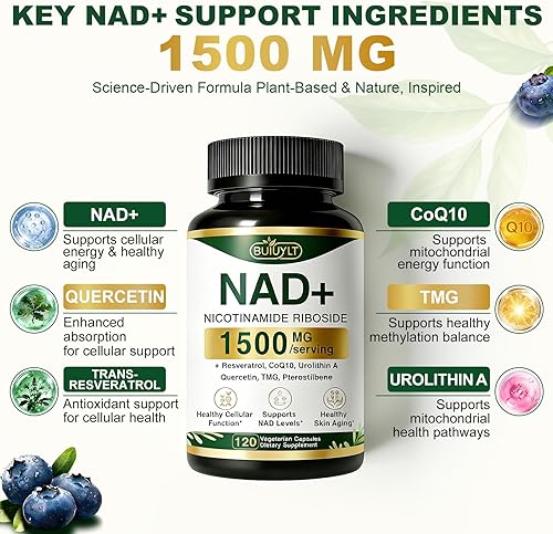 Miniatura 4 de Suplemento NAD de 1500 mg con resveratrol, urolitina A, CoQ10 para energía celular, enfoque, salud de las mitocondrias, digestión, desintoxicación,