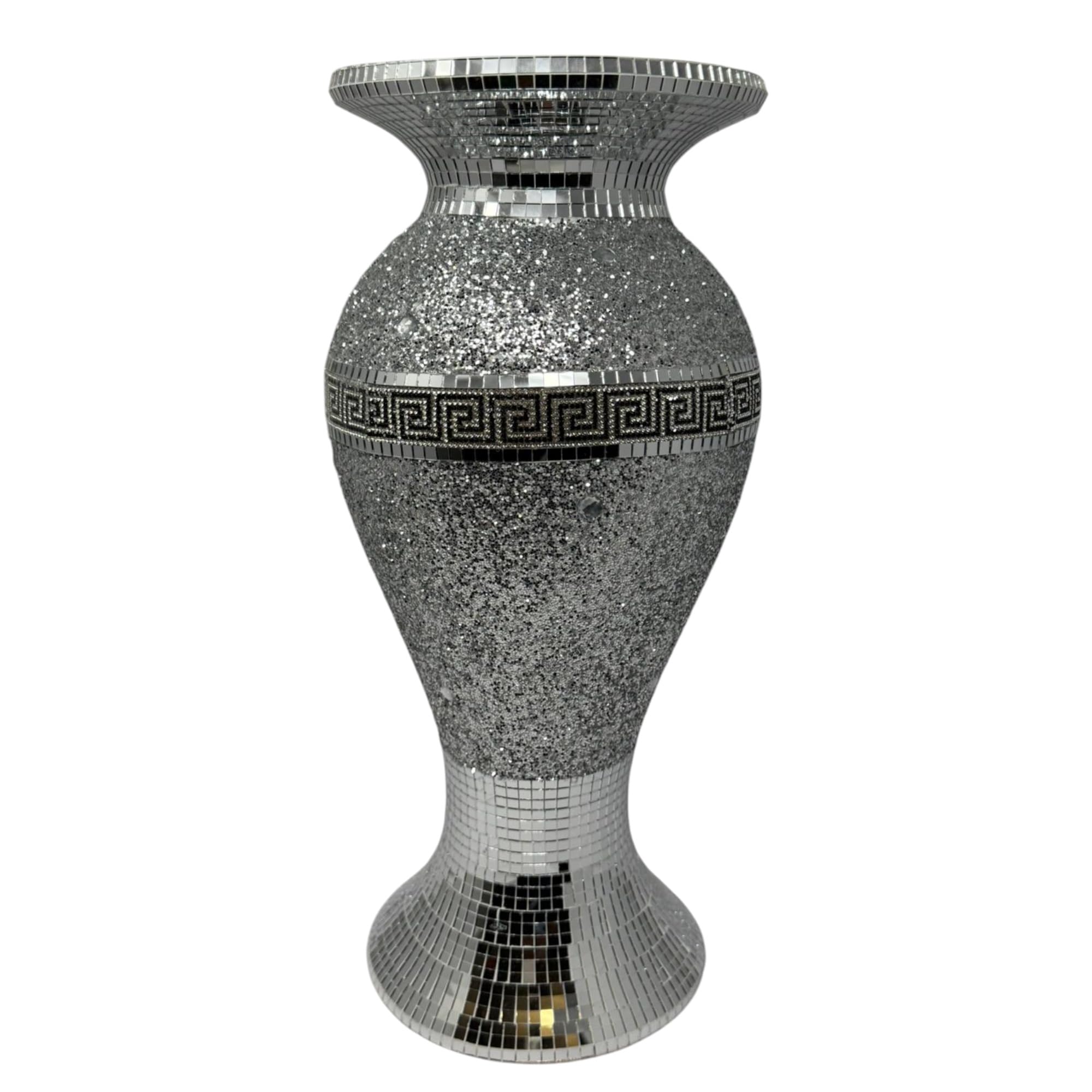 Shabjy Silver Crushed Diamond Ceramic Greek Key Vase 40Cm Tall Sparkly Mirrored Floor Pot Diamante Bling Home Ornament Luxury Romany Style Decorative Flower Romany Vase