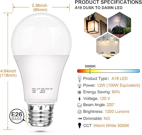 Miniatura 2 de Bombillas con sensor de luz del anochecer al amanecer, A19 12 W (equivalente a 100 W), bombillas LED de encendido automático de 1200 lúmenes, base