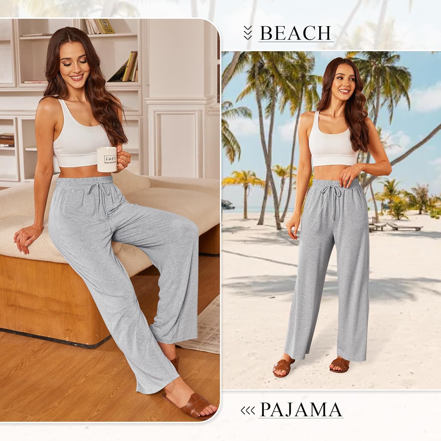 SEMARO Womens Casual Wide Leg Pajama Pants Soft High Waisted Yoga Palazzo Sweatpants Loose Comfy Lounge Pants with Pockets - Image 4