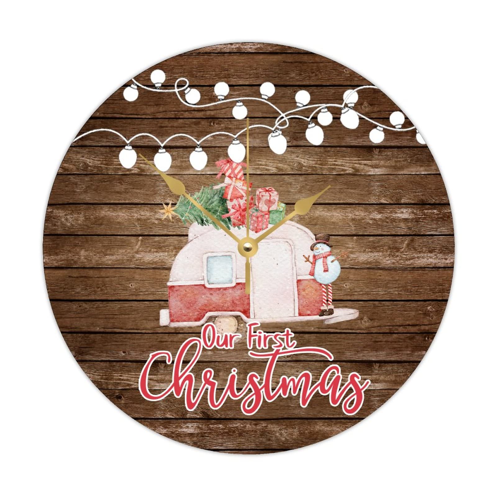 Horloge murale en bois Our First Christmas Truck ronde de 38 cm rustique et silencieuse