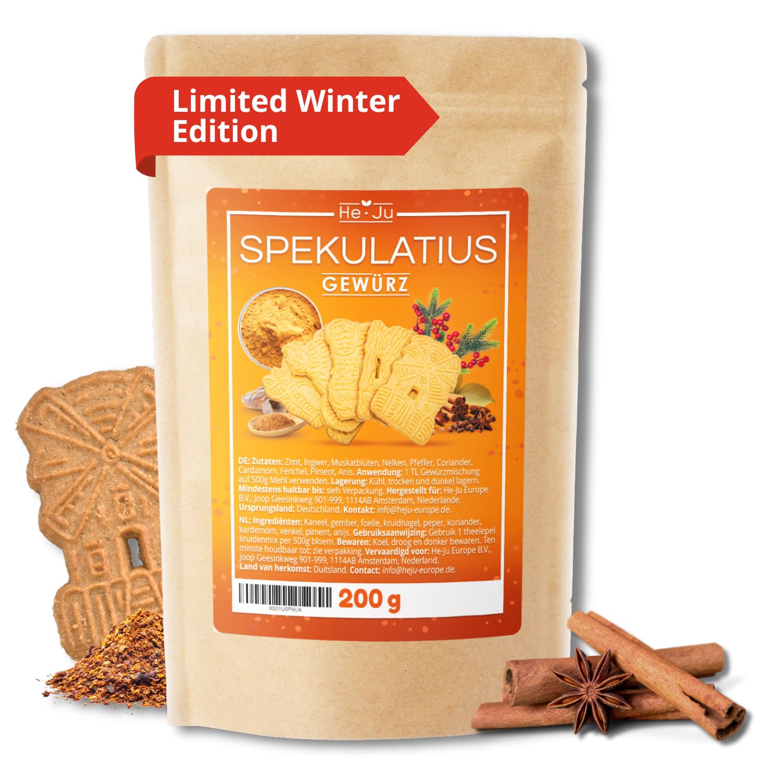 He-Ju Spekulatiusgewürz 200g, Aromatische Weihnachts-Gewürzmischung zum Backen, Vegan, glutenfrei, ohne Zuckerzusatz, Ideal für Spekulatius, Plätzchen & Desserts