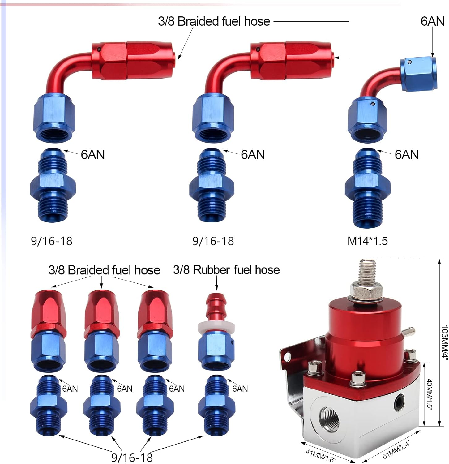 Aluminum Adjustable Universal EFI Fuel Pressure Regulator Kit with 0-100psi Pressure Gauge AN6-6AN Fuel Line Hose Fitting Connectors Kit Blue&Red HTRACING