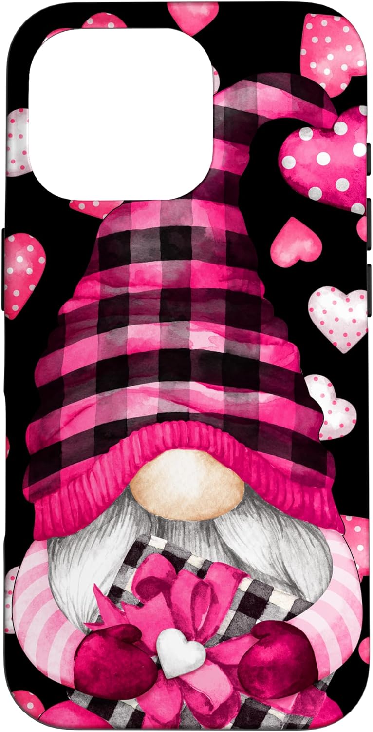 Cute Heart Pattern Pink Buffalo Plaid Valentines Day Gnome Case for iPhone 16 Pro