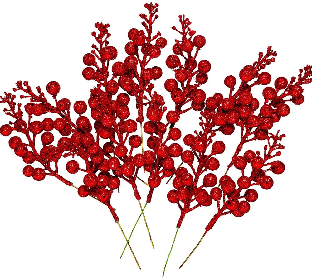 Tasber Red 12Pcs Christmas Berries Stems, Artificial Berry Picks Holly Berries Burgundy Branches For Crafts, Diy Craft Christmas Wreath Garland Winter Holiday Decoration (Red)