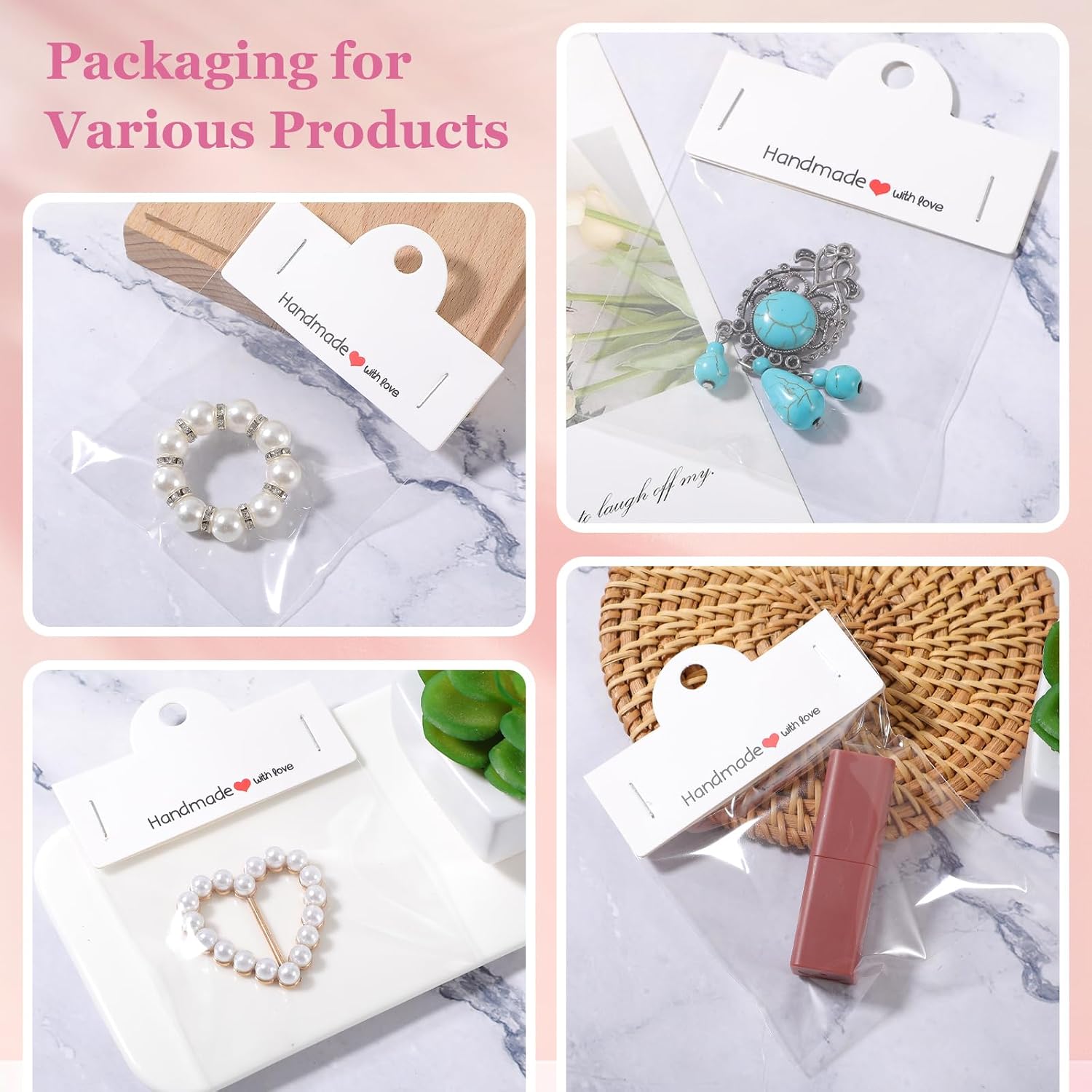 100 Pcs Jewelry Bags for Selling, Jewelry Packaging Bags for Small Business White Plastic Display Cards Jewellry Display Clear Pouch for Packaging Supplies for Bracelets, Necklace, Keychain, Earring
