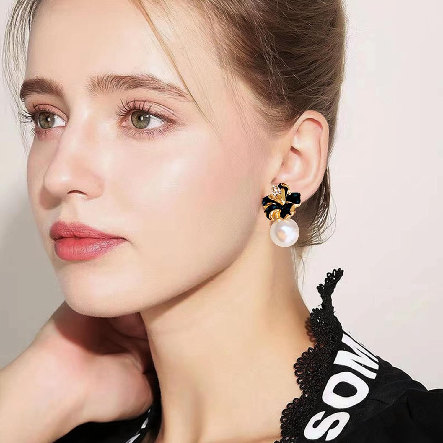 Retro Oil Drip Flower Pearl Stud Earrings for Women Large Crystal Floral Pearl Drop Dangle Earrings Wedding Brides Jewelry - Image 3