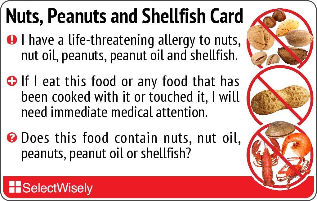 Nuts, Peanuts and Shellfish Allergy Translation Card - Translated in German or Any of 33 Languages